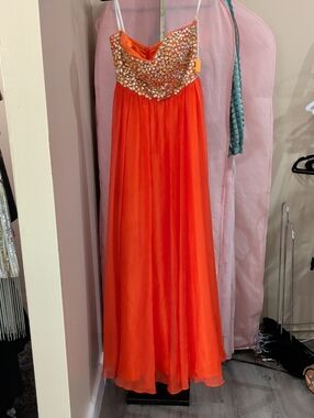 Embellished Orange Strapless Evening Gown